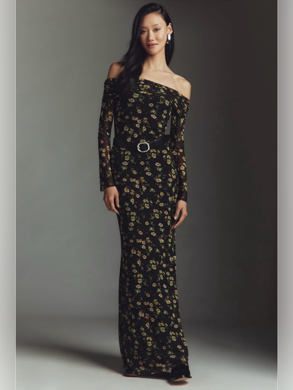 Anthropologie x AFRM Long-Sleeve Off-The-Shoulder Mesh Maxi Dress NWT